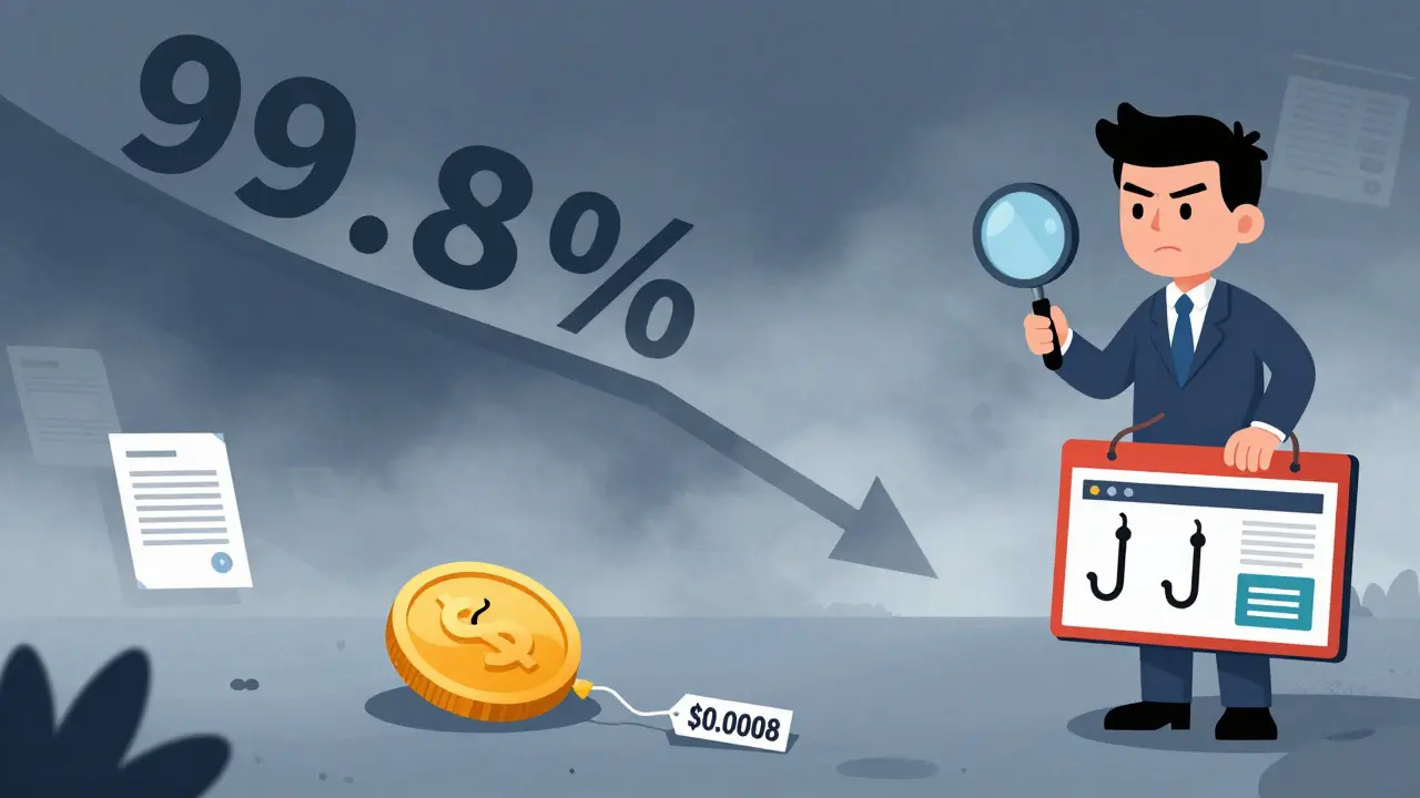 Cartoon showing a deflated crypto coin and warnings about scams and price decline.