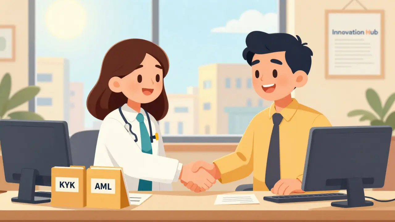 Cartoon showing compliant crypto business meeting bank partners