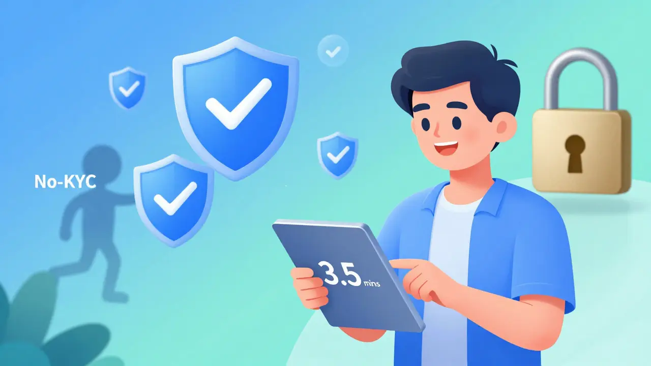 Cartoon showing fast KYC verification leading to secure, trusted crypto trading