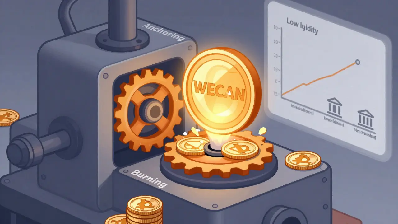 Cartoon showing WECAN token fueling a machine with burning mechanism.