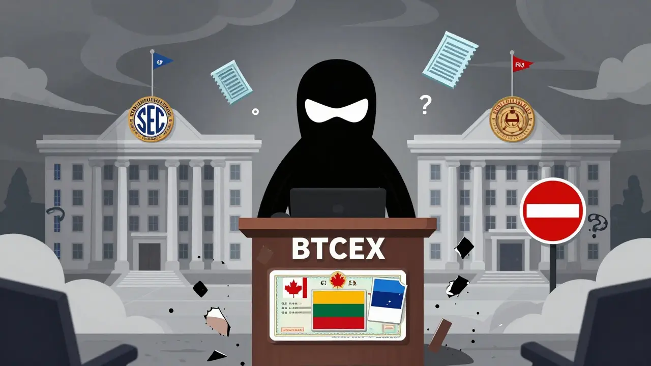Cartoon villain hiding behind fake licenses with crumbling trust symbols