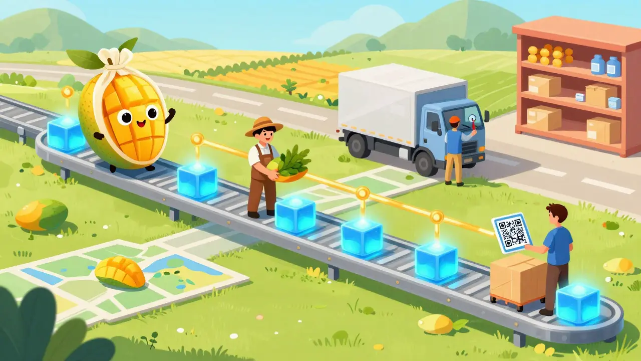 Cute cartoon mango traveling through a glowing blockchain supply chain