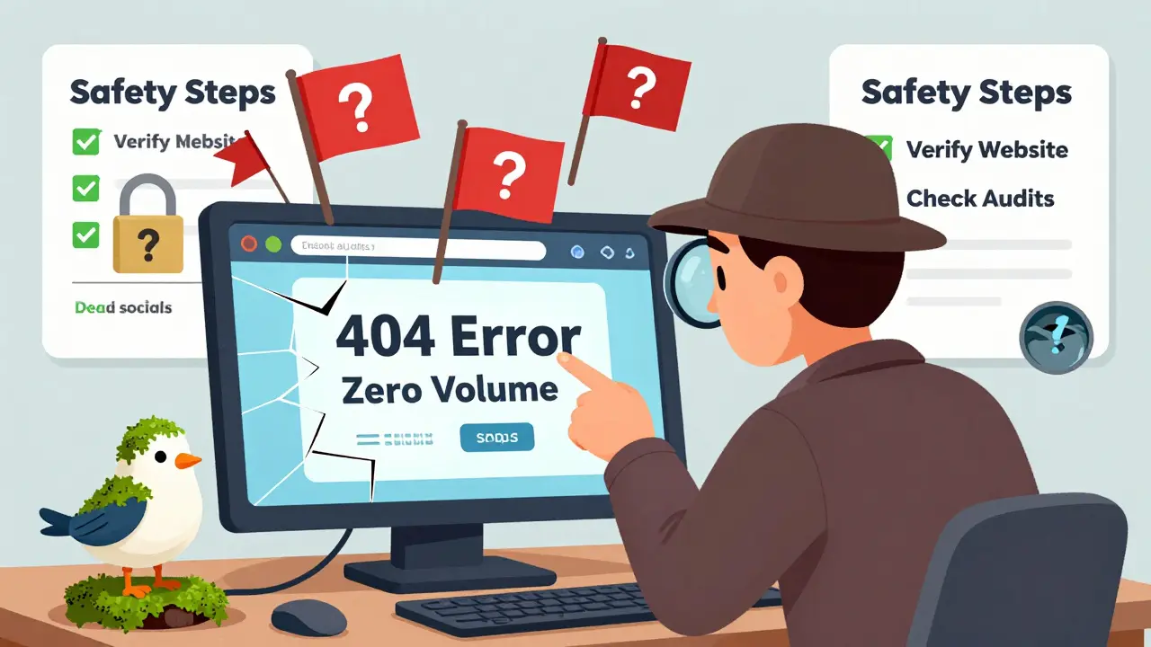Detective pointing out red flags on a broken crypto website interface.