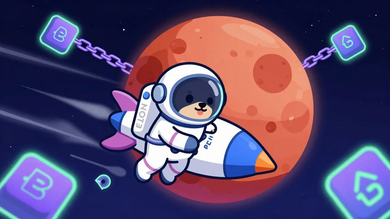 Dog astronaut in space with rocket and blockchain graphics