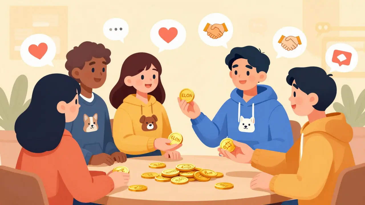 Friendly cartoon community sharing ELON tokens charitably
