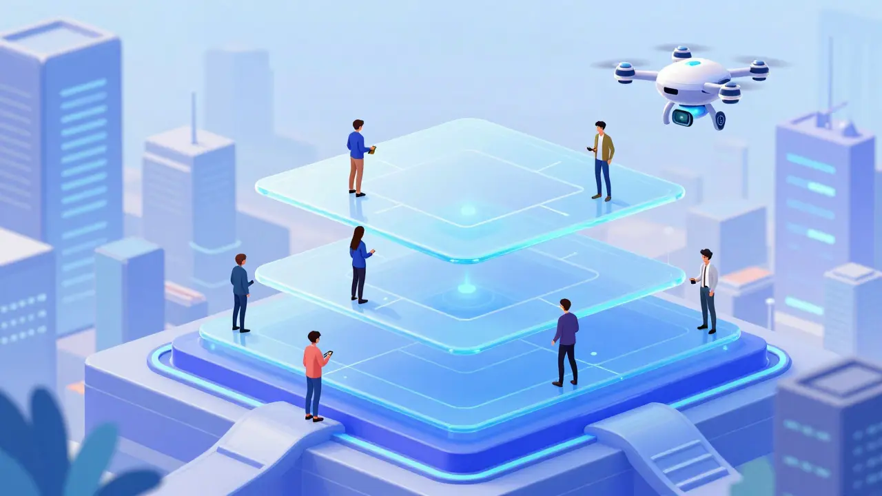 Futuristic cartoon of seamless Layer 2 blockchain transactions