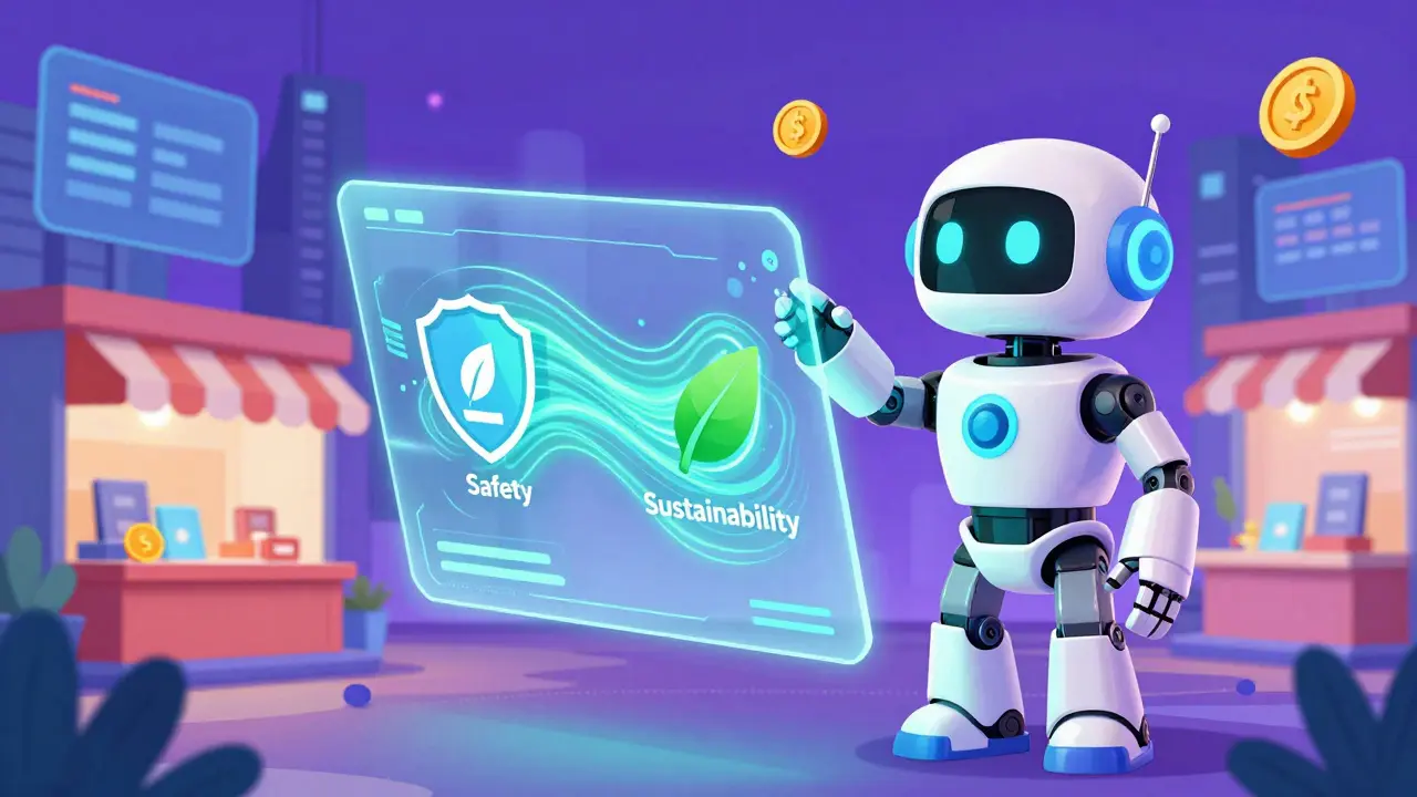Futuristic cartoon robot displaying AI and blockchain safety data