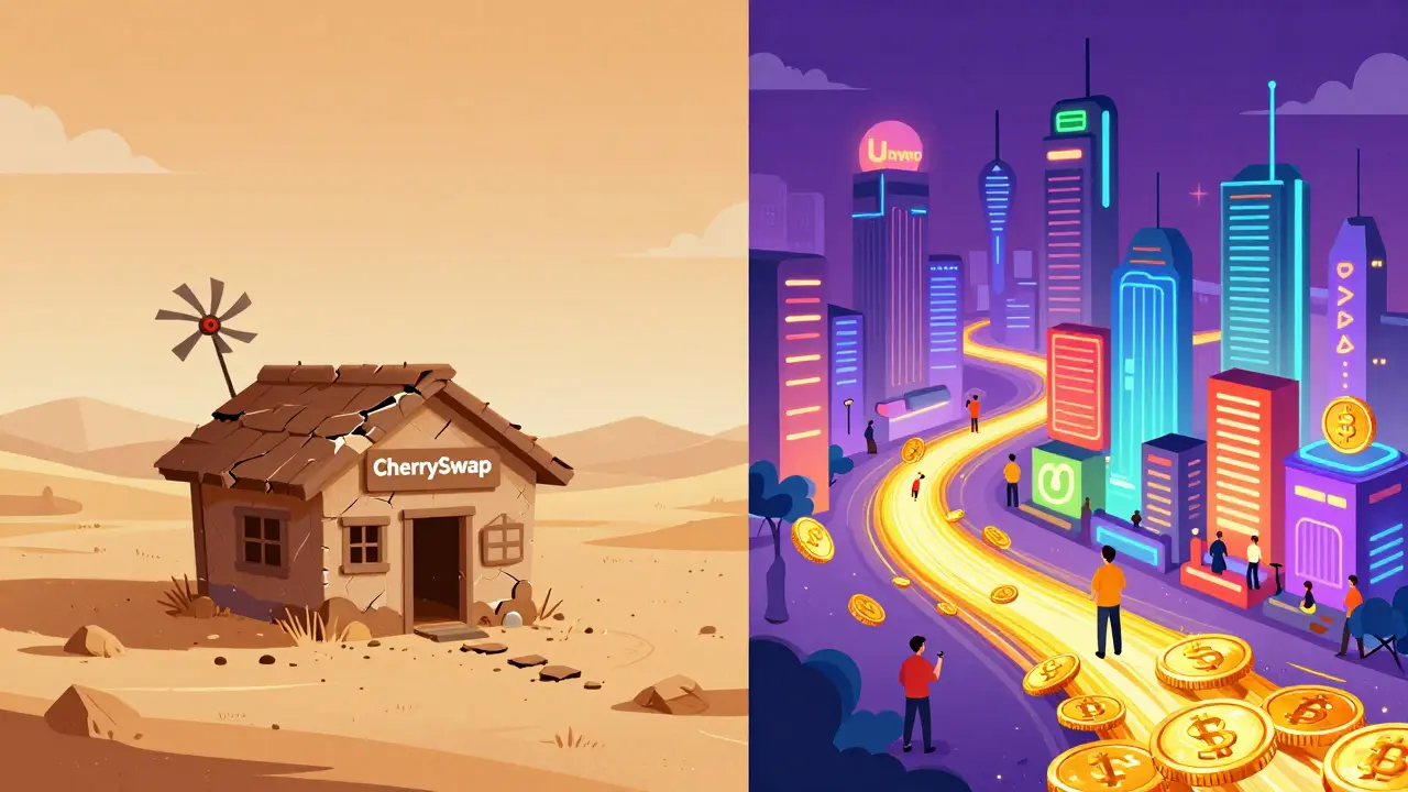 Illustration comparing a dead exchange shack to a bustling crypto city.