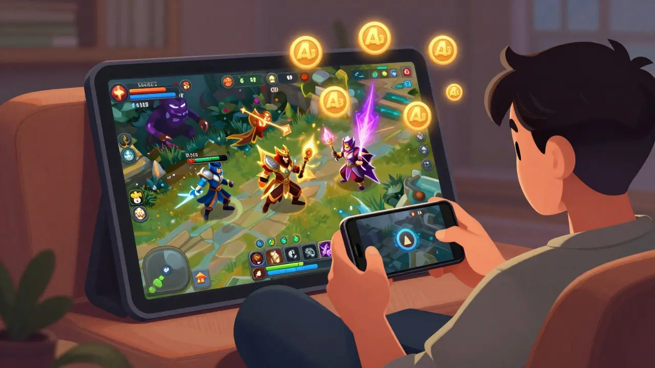 Illustration of a player earning passive AOG tokens through idle mobile gaming battles.