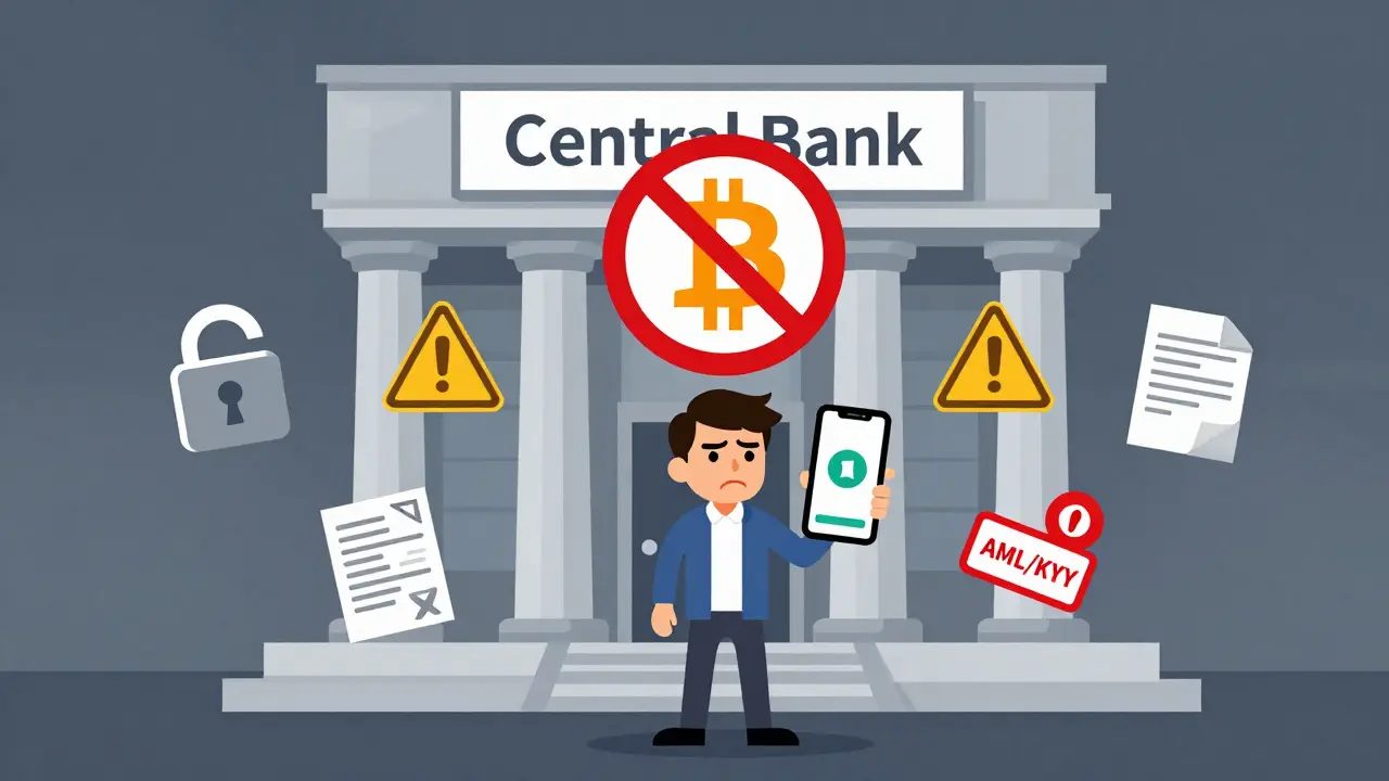 Illustration of a trader blocked by strict bank regulations and signs