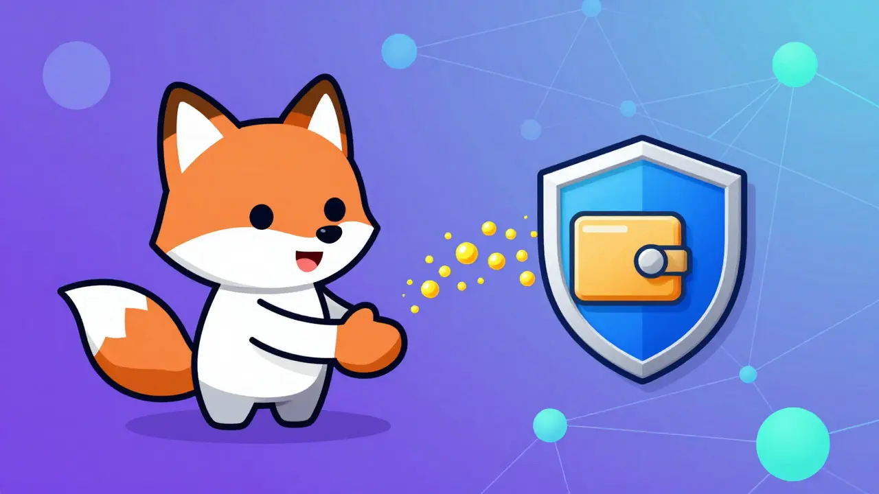 Illustration of digital wallet connecting securely to blockchain network