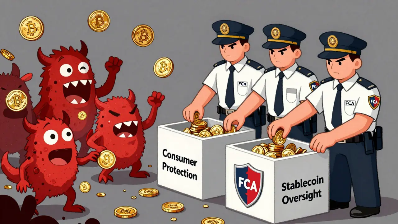 Illustration of FCA inspectors sorting crypto tokens into secure consumer protection boxes