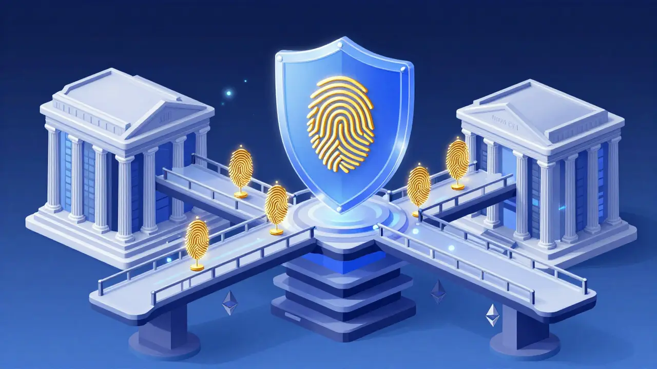 Illustration of secure blockchain bridge sharing encrypted data between banks.