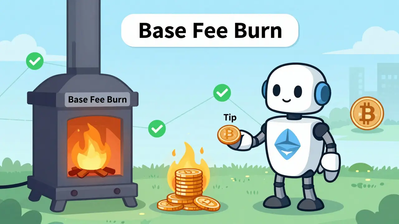 Illustration showing Ethereum base fee burning vs validator tip payment