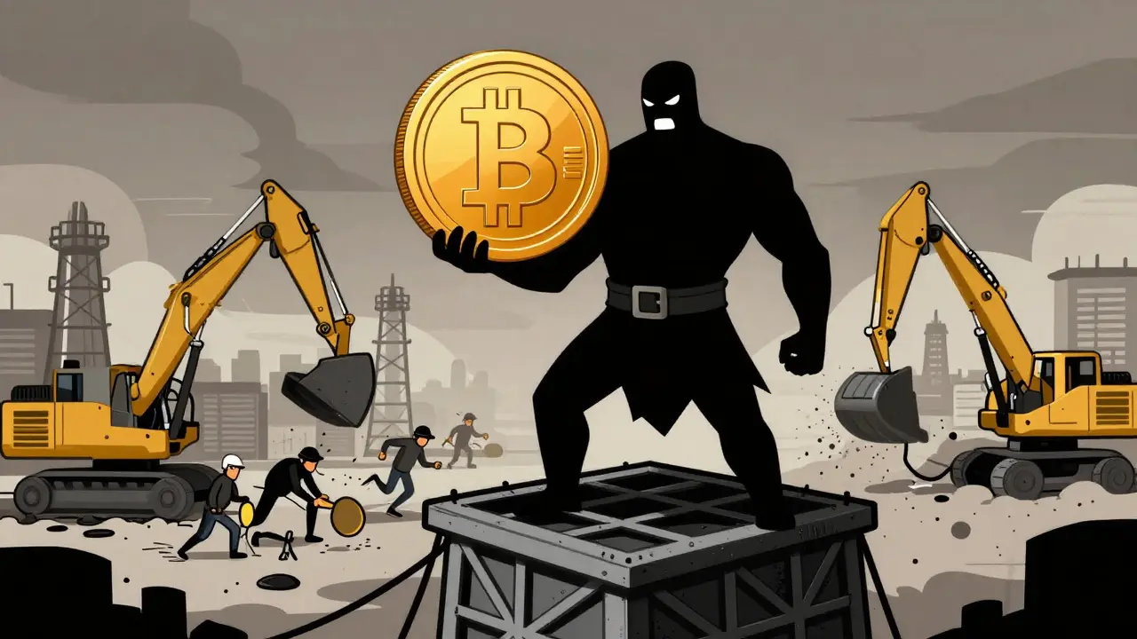 IRGC figure hoarding Bitcoin coins above strained grid