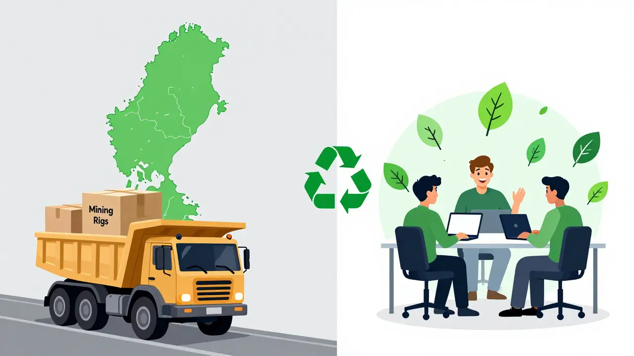 Miners leaving Sweden while startups adopt green tech in an illustration.
