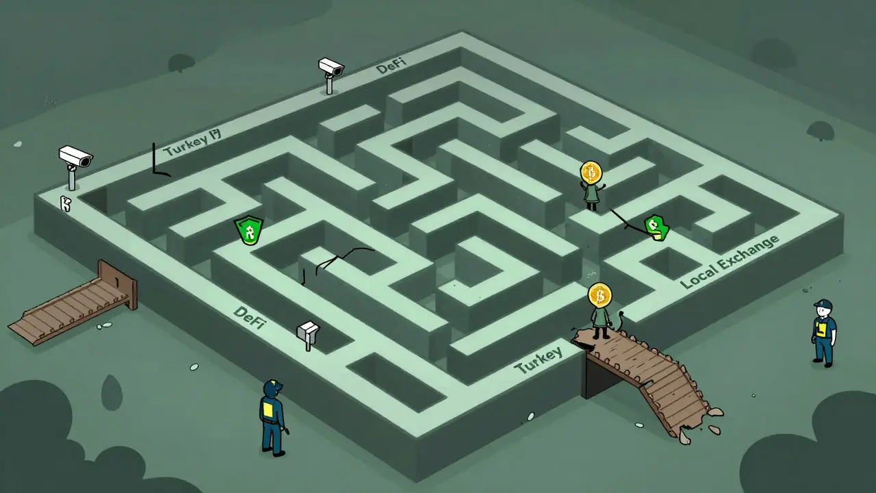Person navigating a risky maze of crypto trading workarounds.