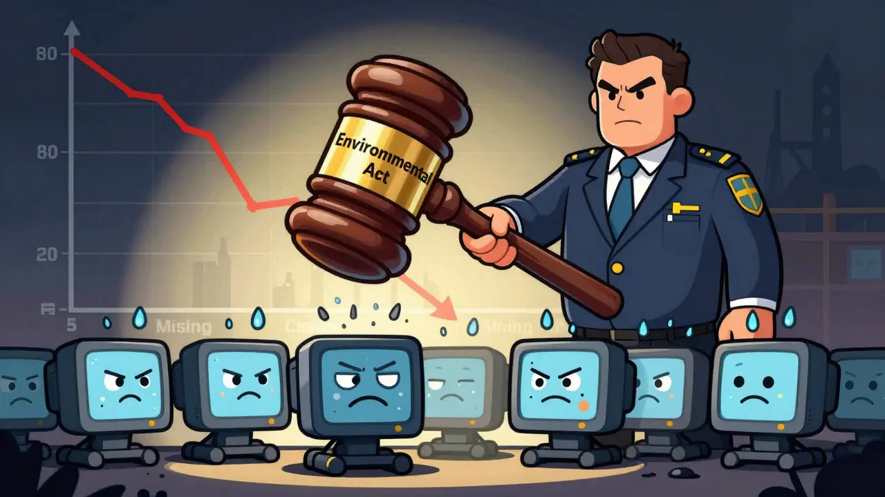 Regulator slamming a gavel on stressed mining rigs in a cartoon style.