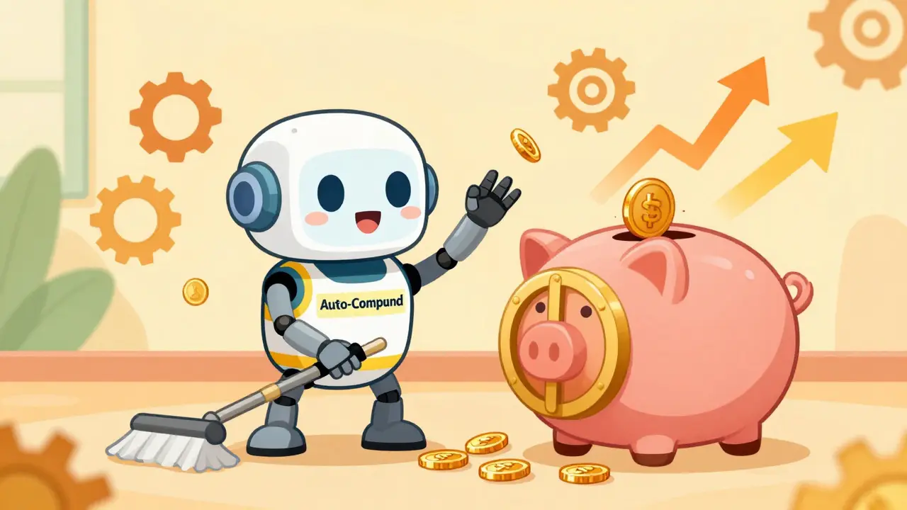 Robot auto-compounding fees into a growing vault in cartoon style