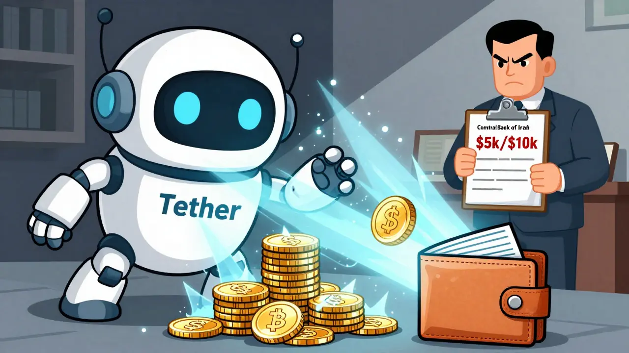 Robot freezing crypto assets while official enforces dollar limits.