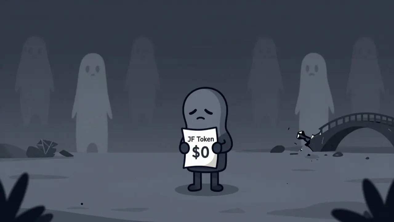 Sad cartoon character holding worthless JF tokens in an empty void