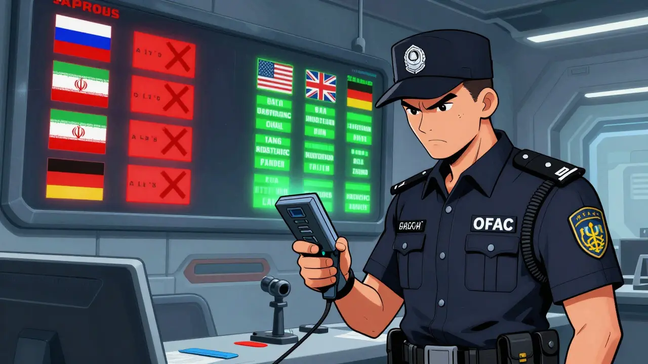 Security guard checking passports against OFAC sanctions list in cartoon