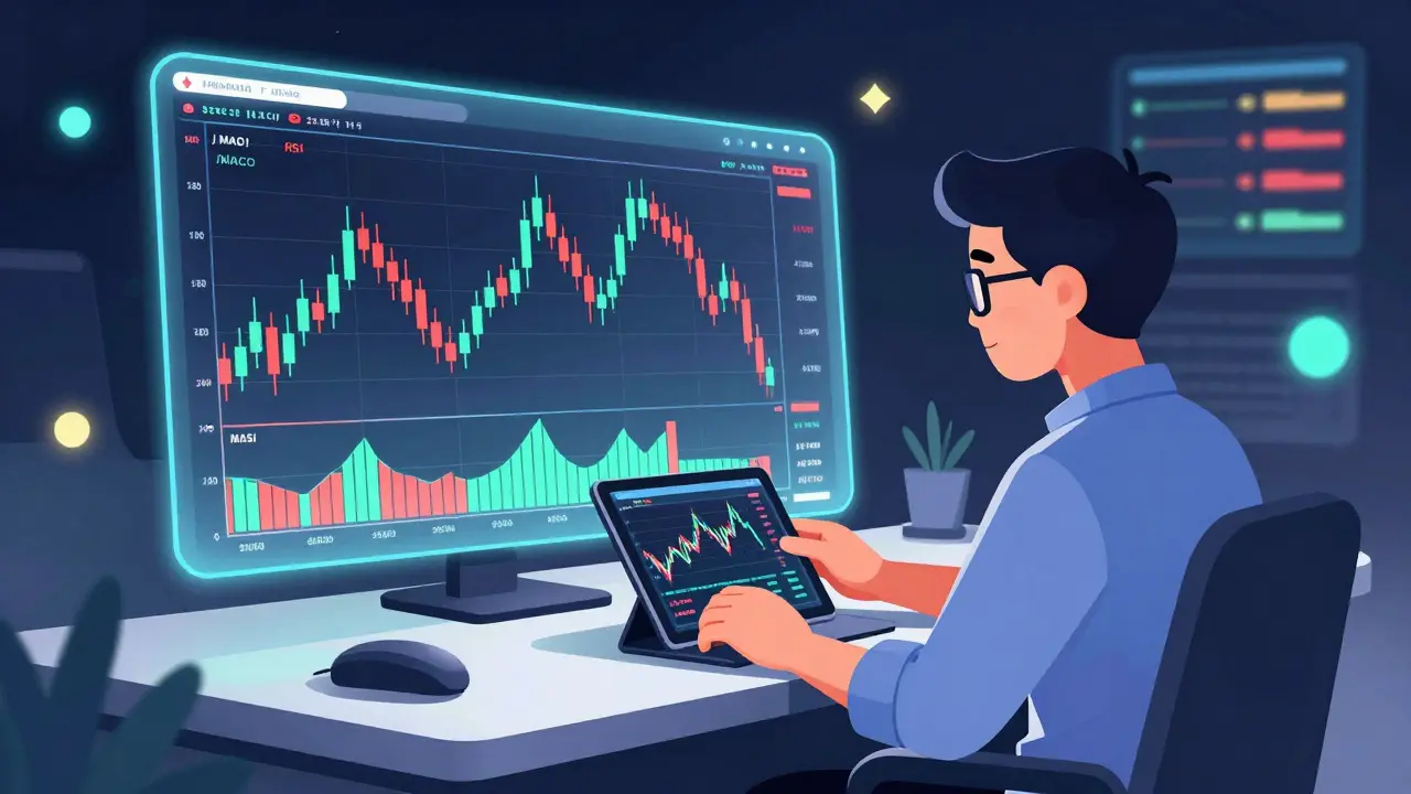 Trader analyzing colorful holographic candlestick charts