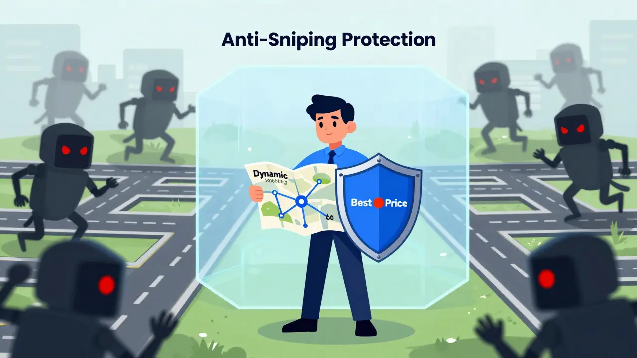 Trader protected by anti-sniping shield using dynamic routing map