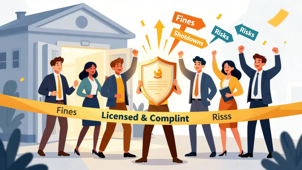 A business team celebrating with a compliance shield, blocking risks and gaining access to banking services.