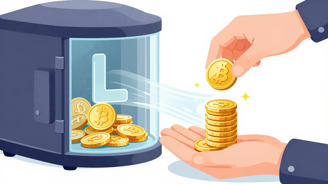 A cartoon character converting an Ethereum coin into flowing receipt tokens through a transparent staking vault.