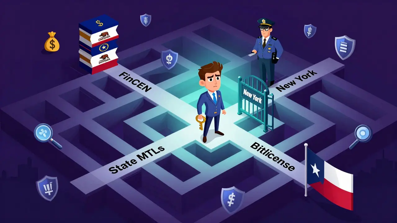 An entrepreneur navigating a complex maze of federal and state crypto regulations, including FinCEN and BitLicense paths.