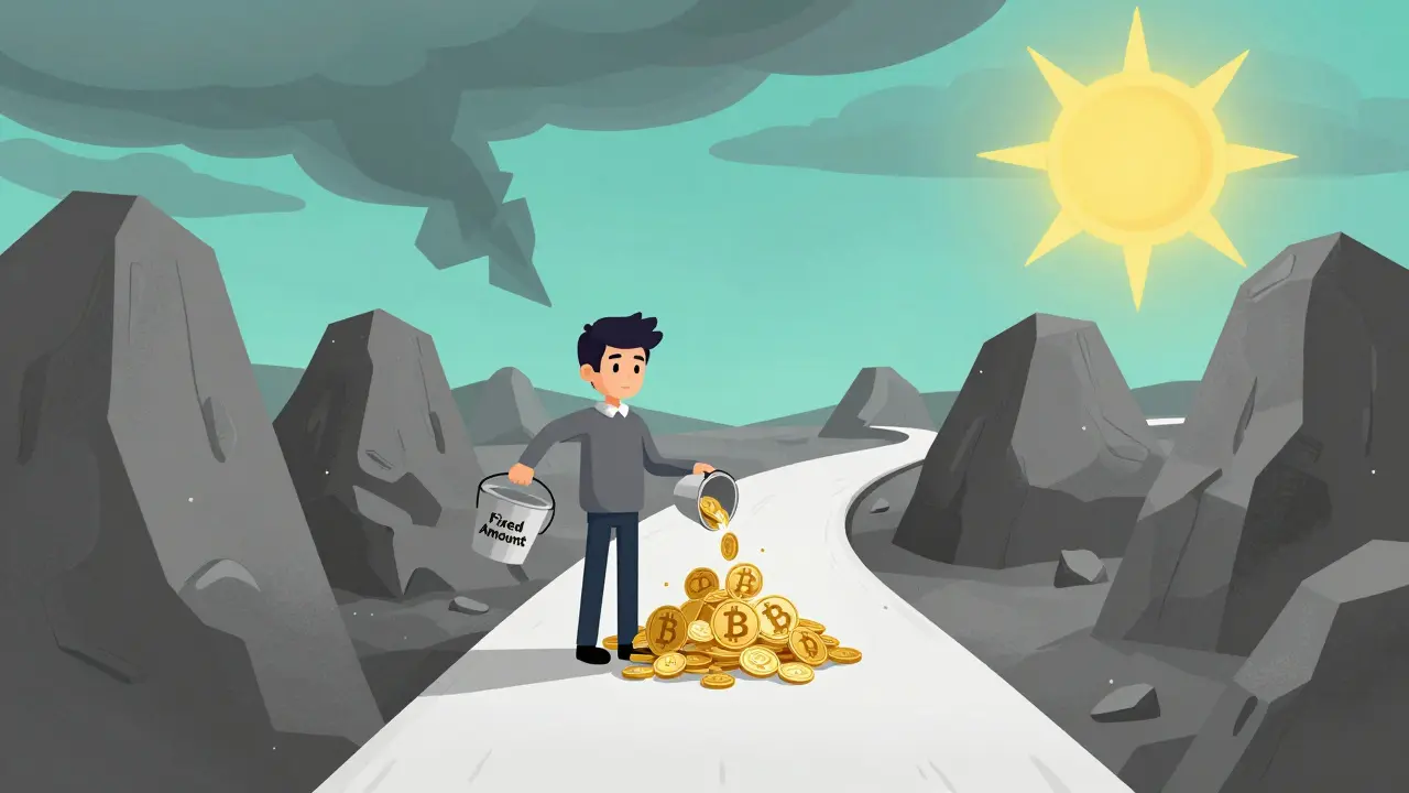 Calm cartoon character using DCA strategy to smooth out market volatility