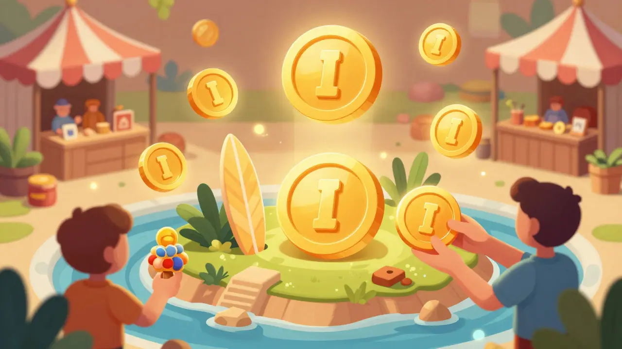 Cartoon avatars trading golden tokens for island decorations in a game