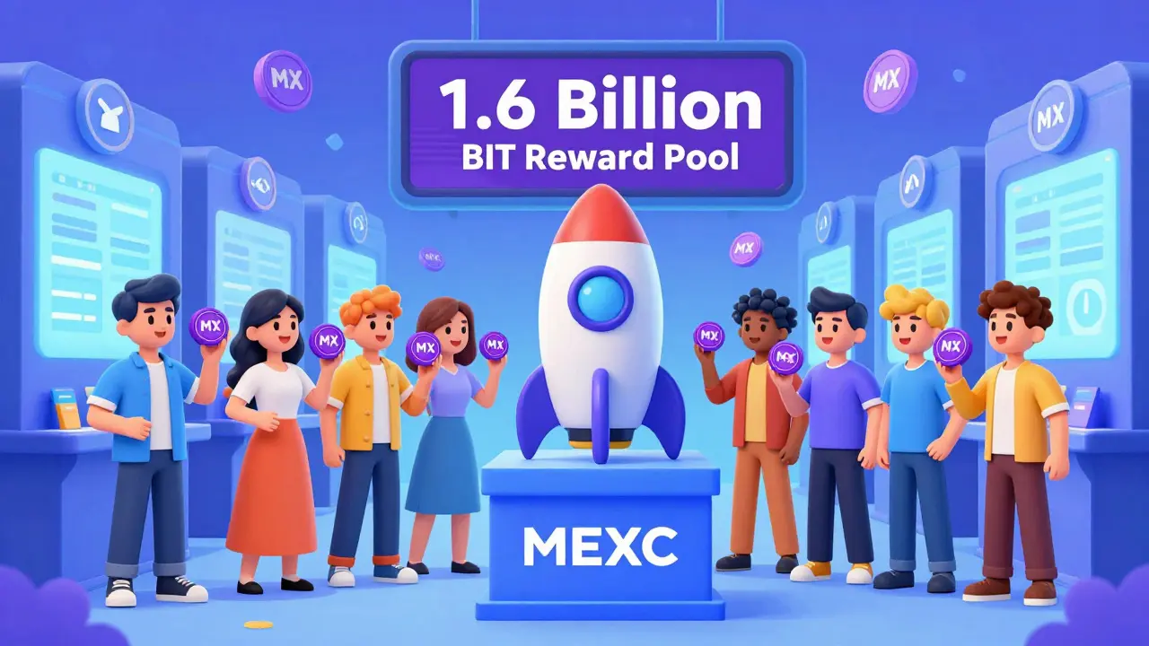 Cartoon characters staking MX tokens to vote for BIT airdrop rewards