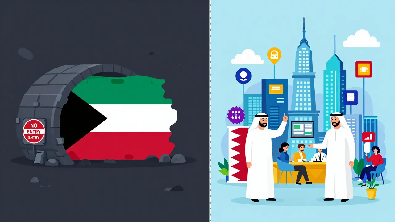 Cartoon comparing Kuwait's crypto ban with neighboring GCC countries