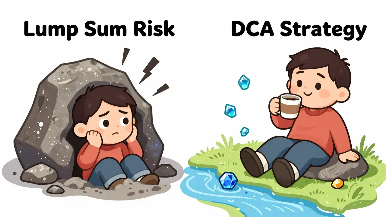 Cartoon comparison of risky lump sum vs stable dollar-cost averaging