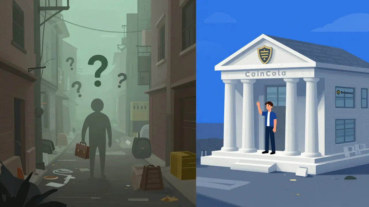 Cartoon comparison of unregulated vs safe crypto platforms