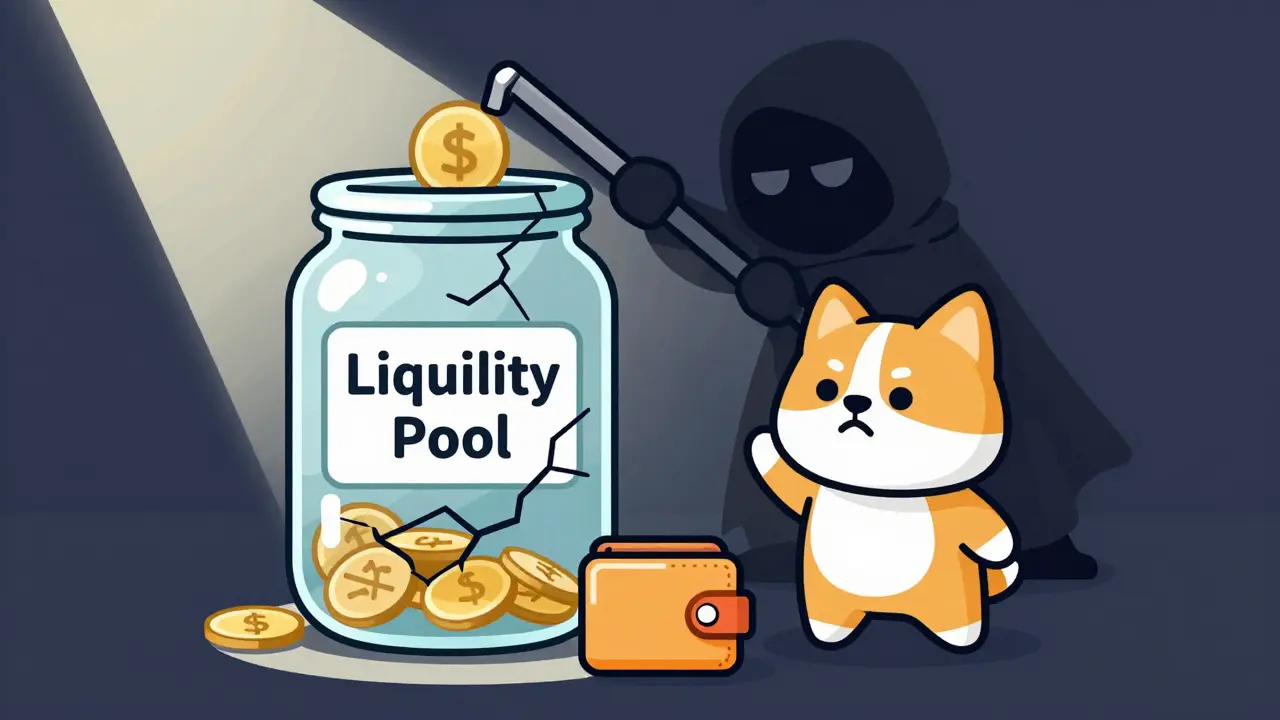 Cartoon dog mascot near cracking liquidity pool jar being drained