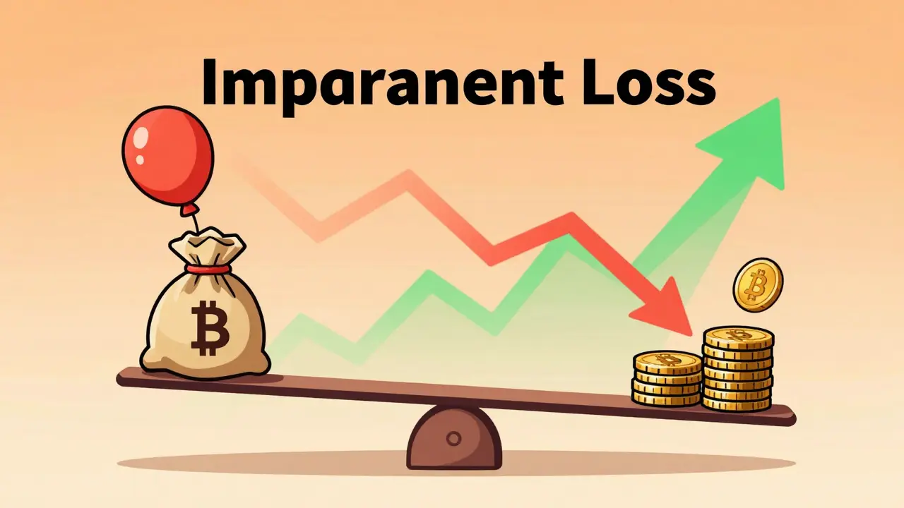 Cartoon illustrating impermanent loss and inflation risks in DeFi pools