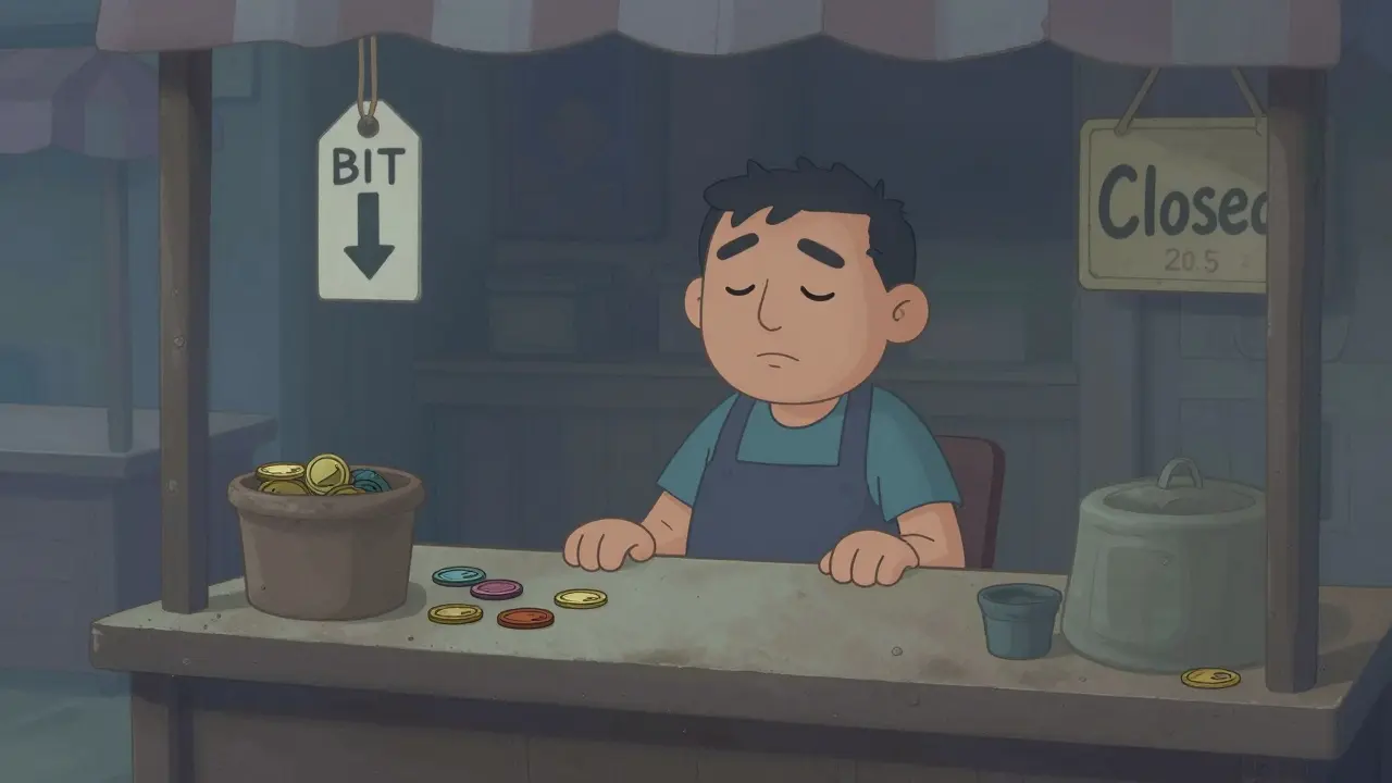 Cartoon illustration of a dusty, stagnant crypto market stall with faded coins