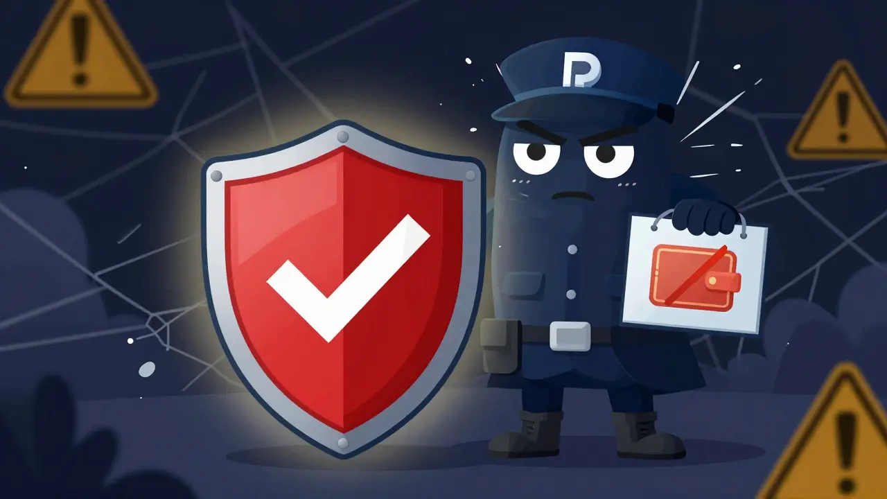 Cartoon illustration of a guardian blocking a scam monster with a protective shield, warning against fraud.