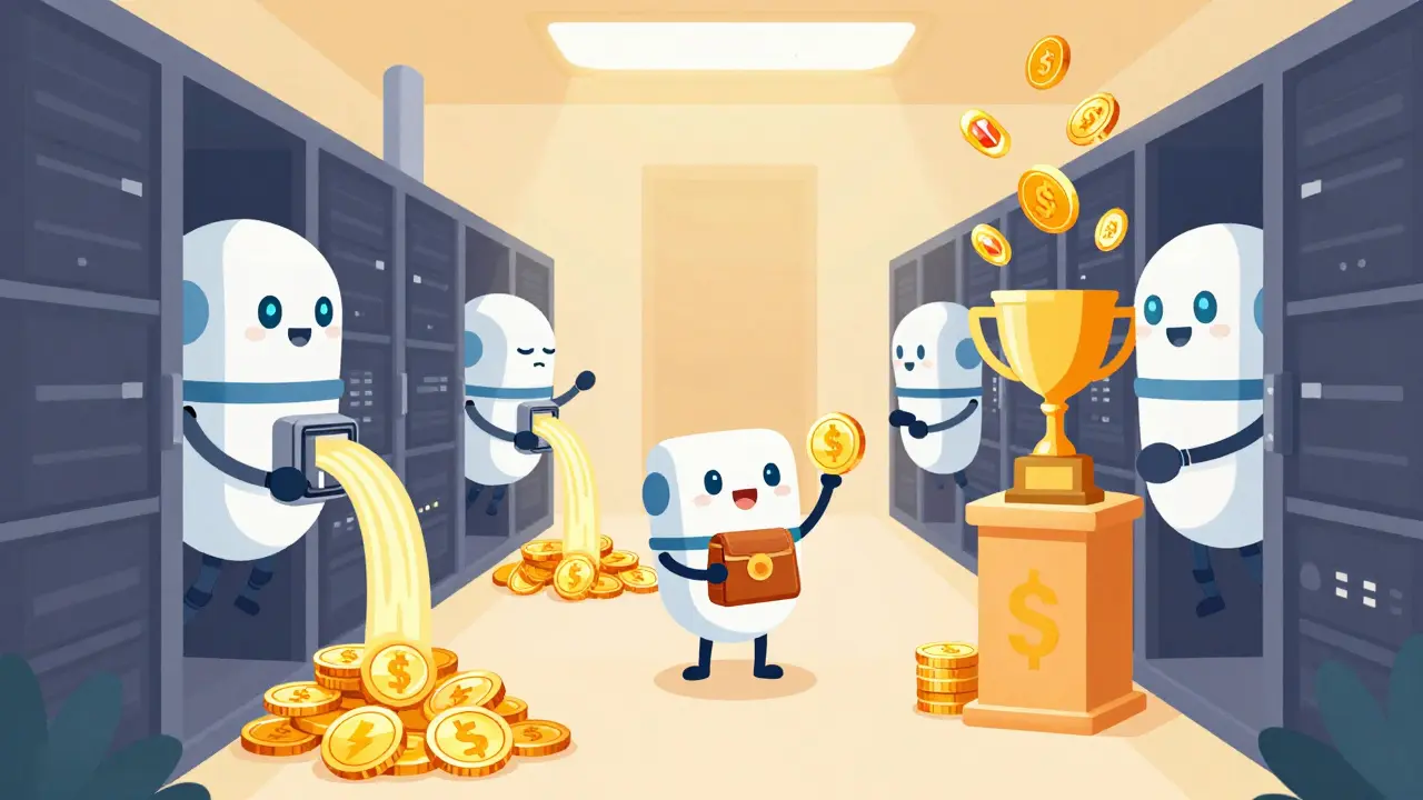 Cartoon illustration of token utility with electricity payments and rewards