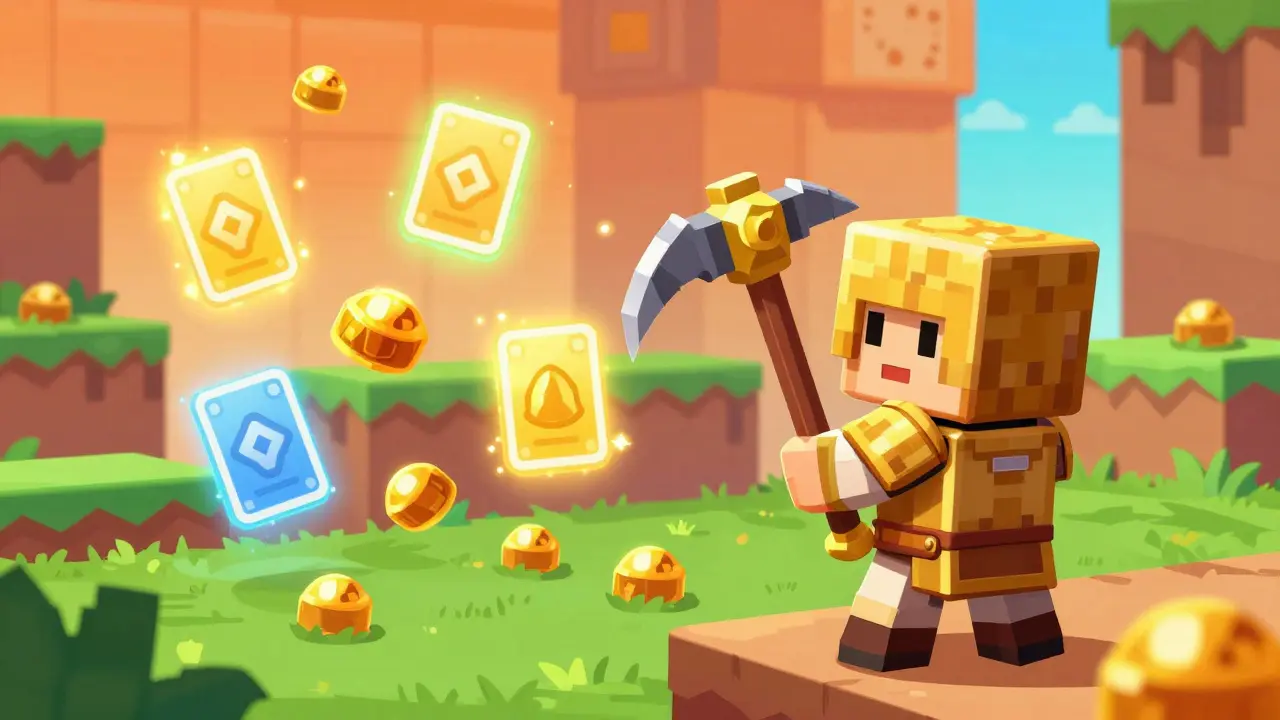 Cartoon miner character collecting gold and NFTs in a vibrant virtual game world