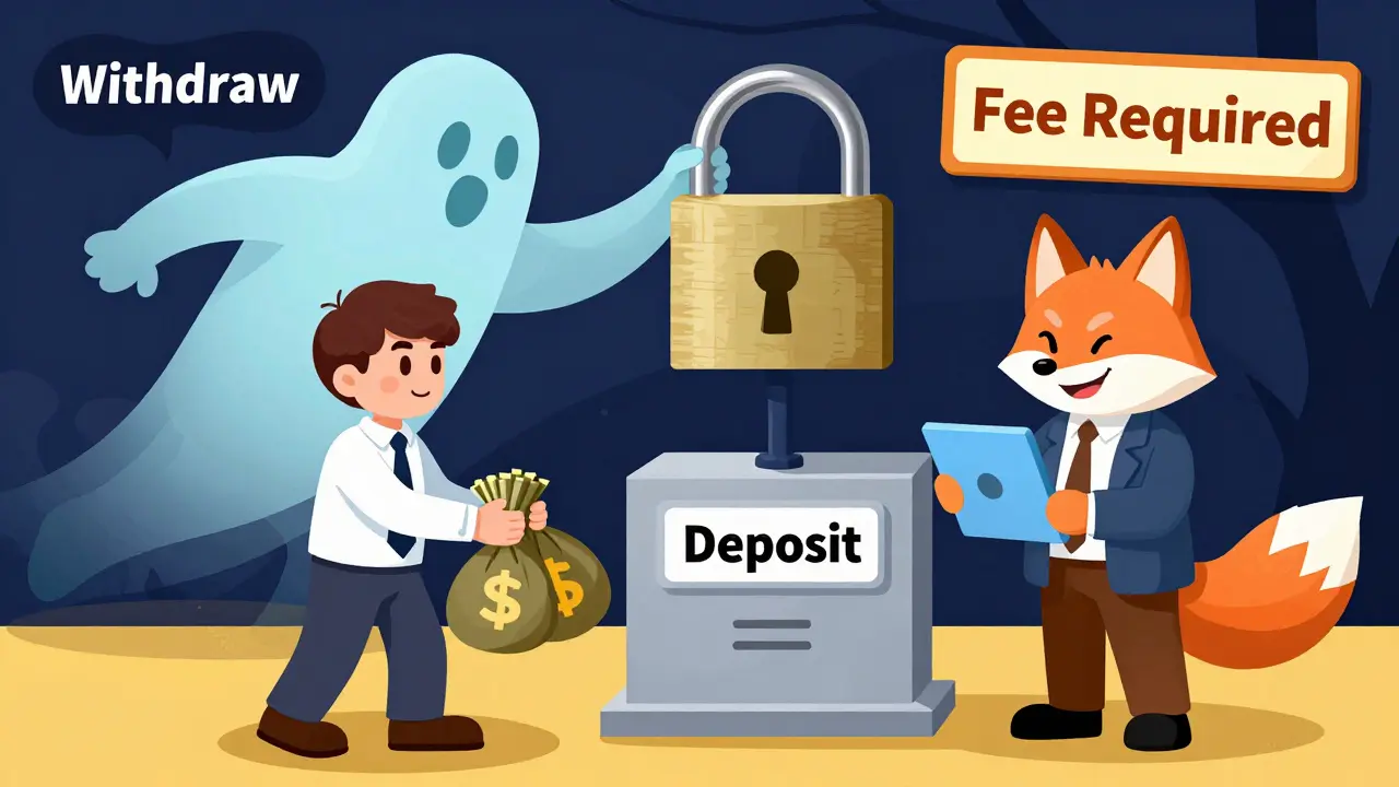 Cartoon of an investor trapped in a deposit-fee scam cycle by a deceitful agent
