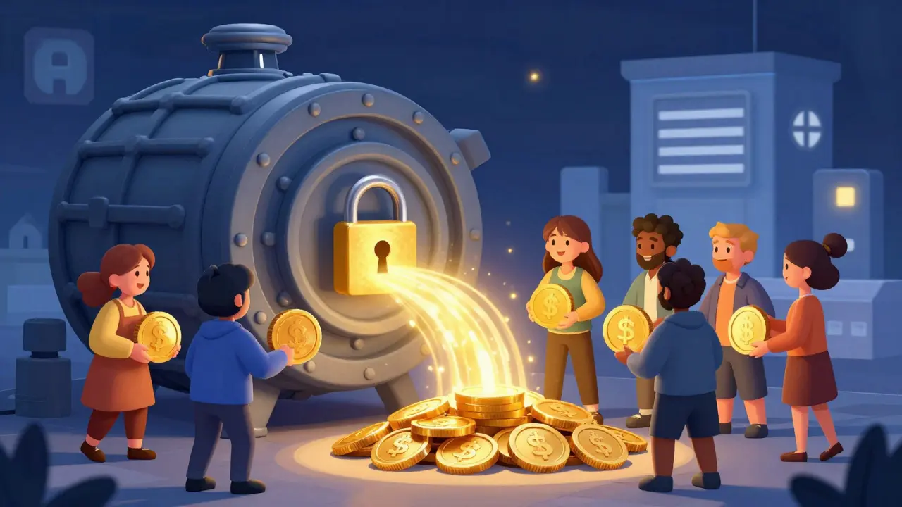 Cartoon of users locking tokens for sustainable rewards in veTokenomics