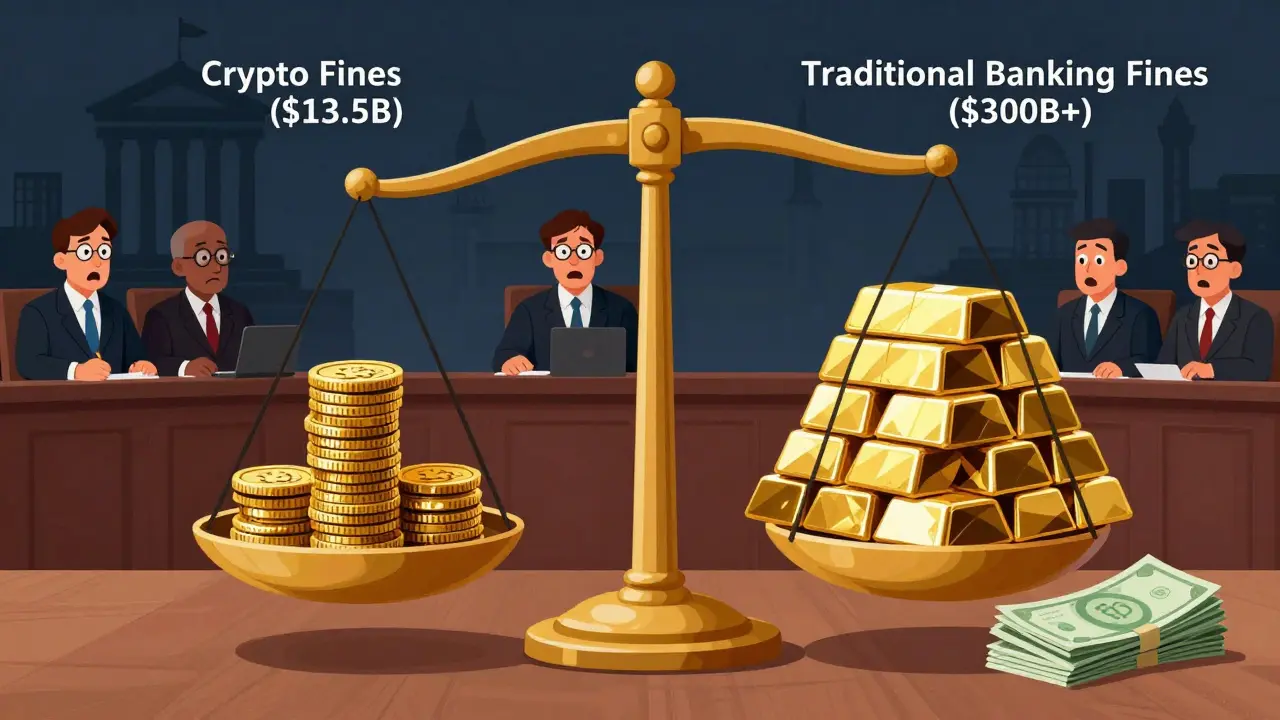 Cartoon scale comparing smaller crypto fines to massive traditional banking penalties.