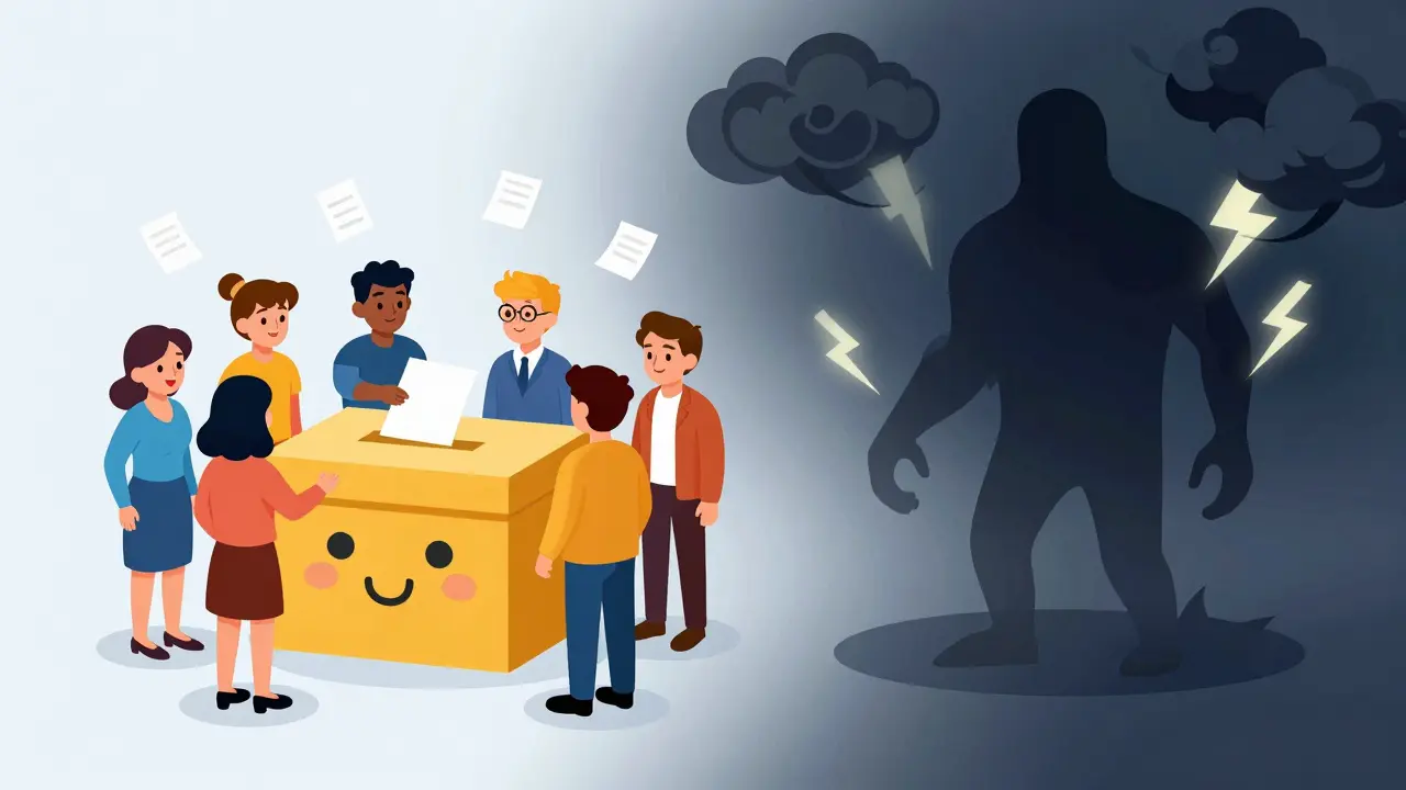 Cartoon users voting on governance while facing stylized risk clouds