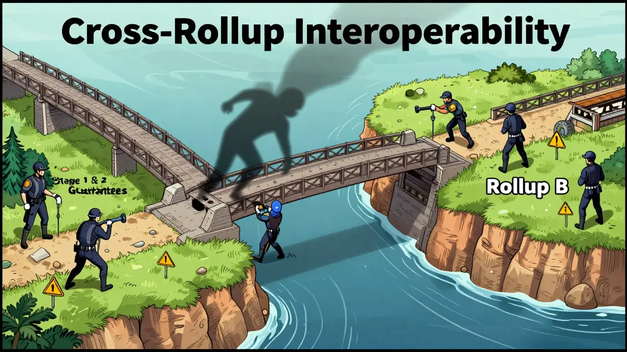 Comic-style illustration depicting cross-rollup interoperability risks and the need for global ordering guarantees.