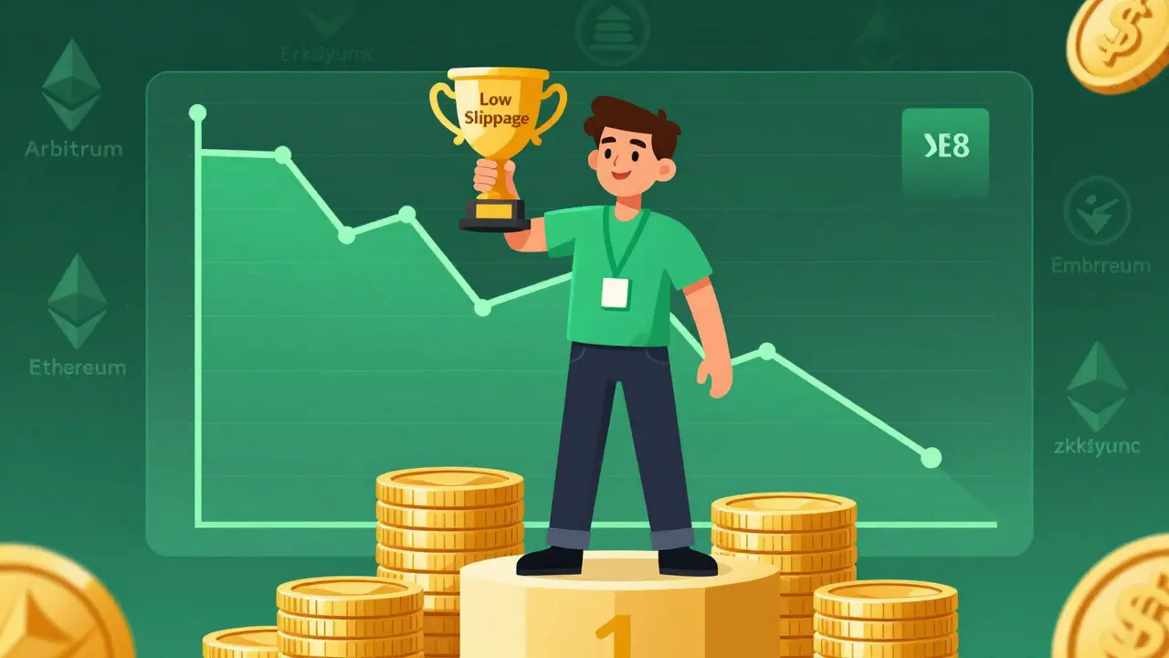 Confident cartoon trader celebrating low fees and successful cross-chain trading