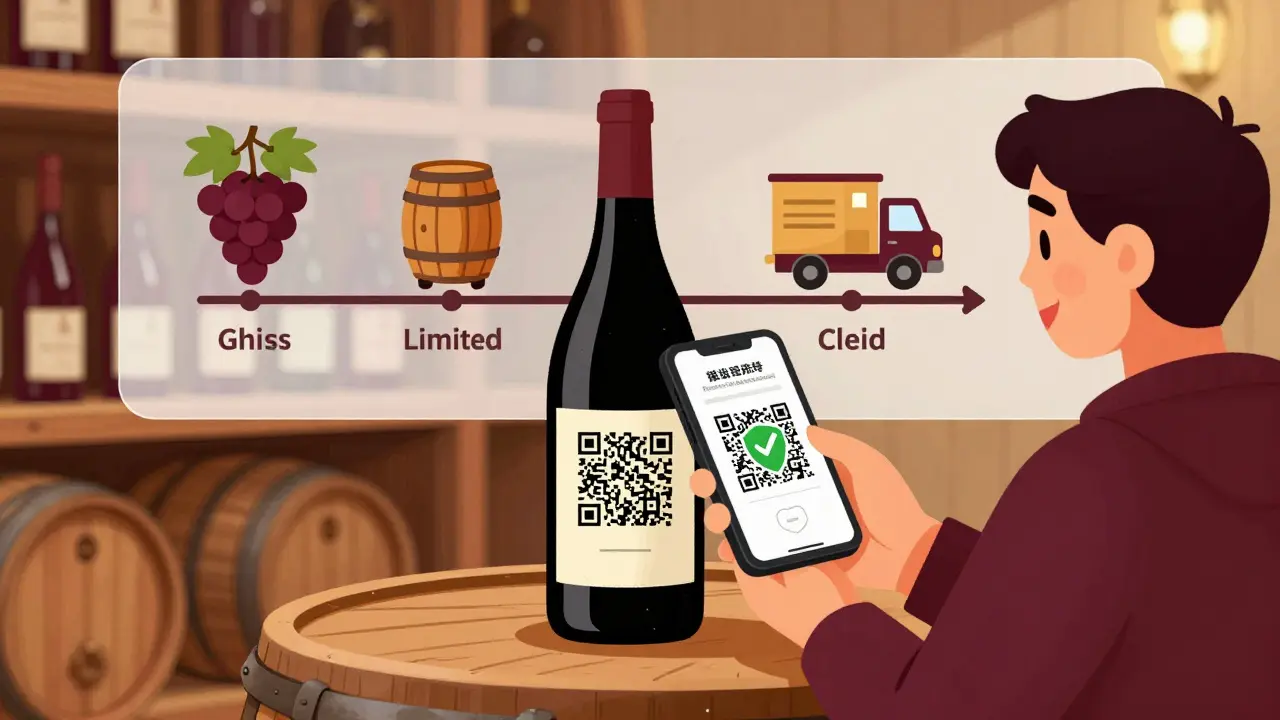 Customer scanning wine bottle QR code for verification success
